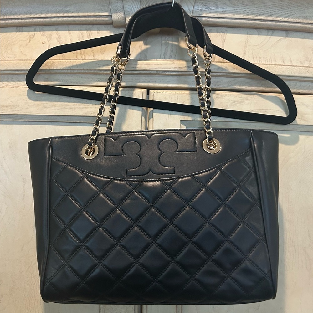 Tori Burch Black Quilted Tote Bag with Gold Chain Straps